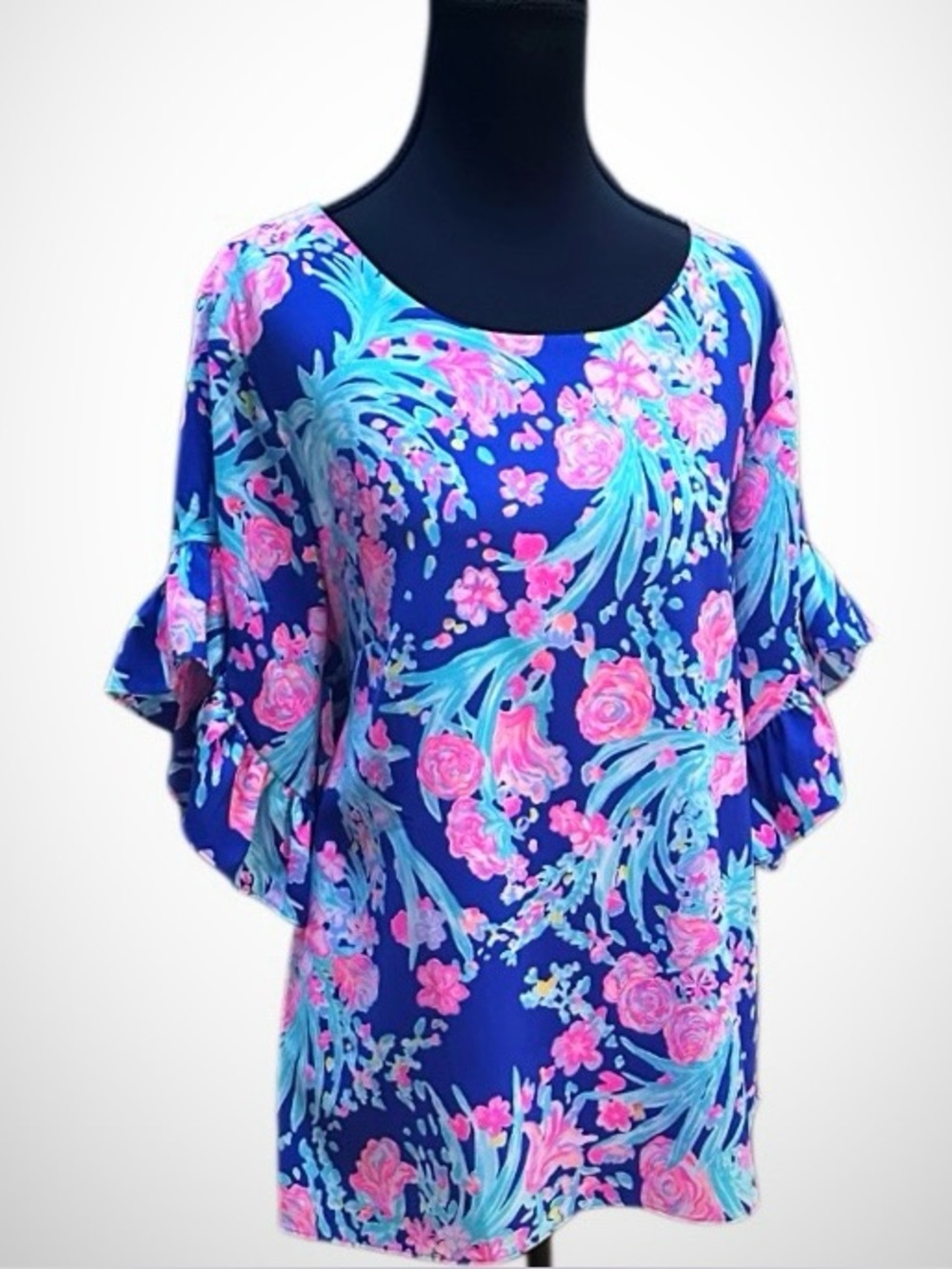 Lilly Pulitzer Darla Top Blouse Lined EUC Size L Ruffled Sleeves Vibrant Colors